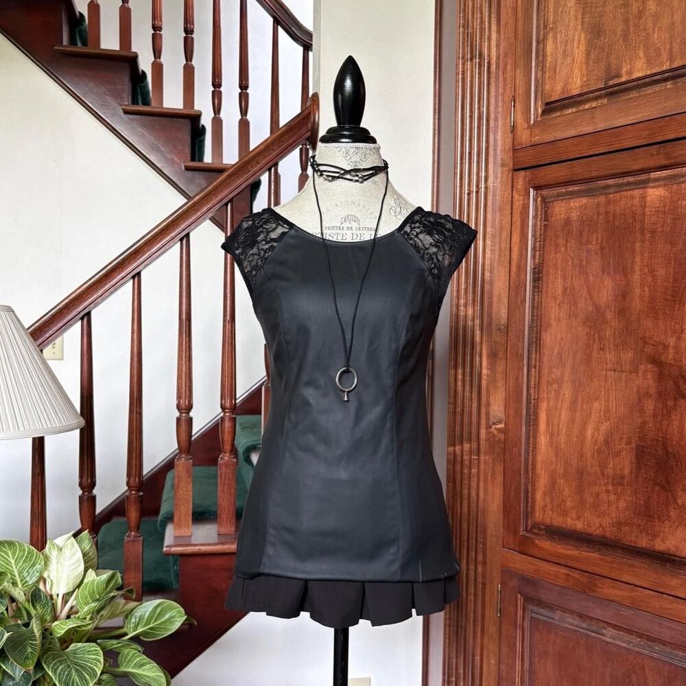 Express Faux Leather Black Blouse Lace Cap Sleeves Open Back Goth Punk Grunge